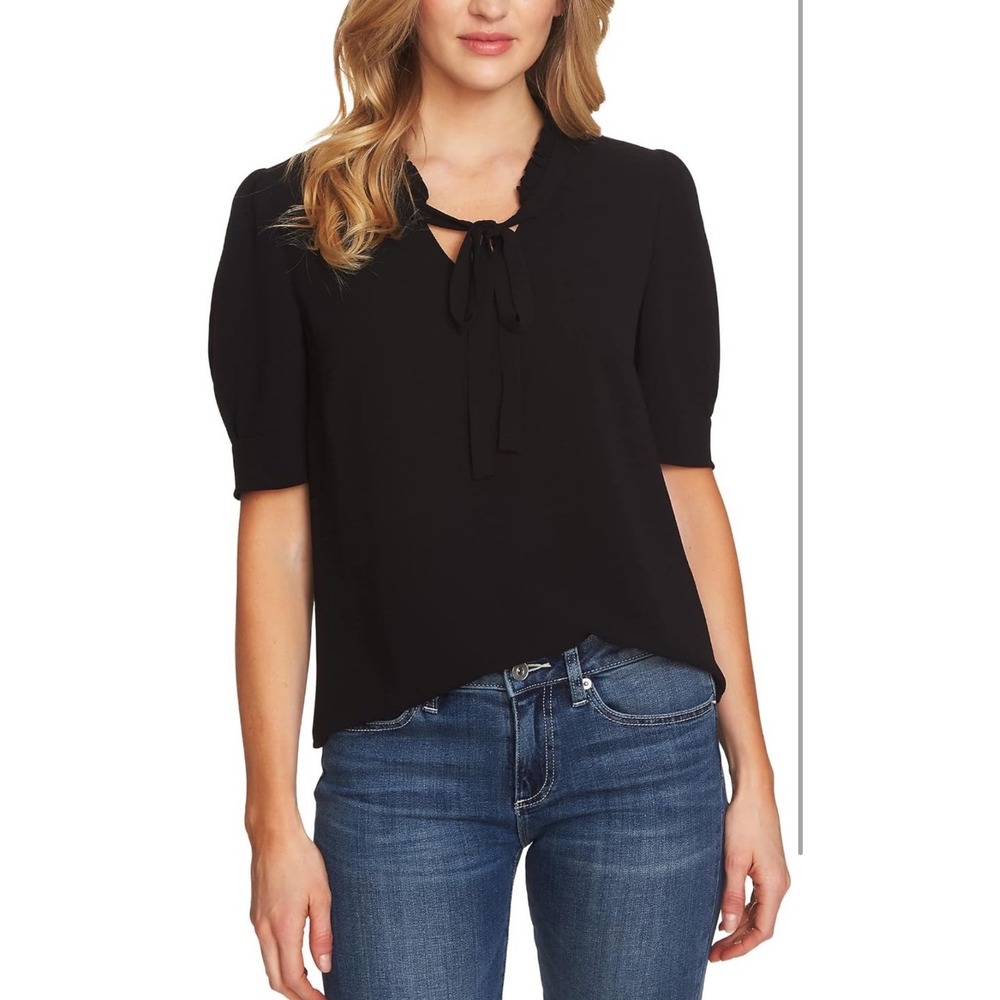 CeCe Tie Neck Blouse Ruffled Blouse Women Small Black Coquette Minimalist Preppy